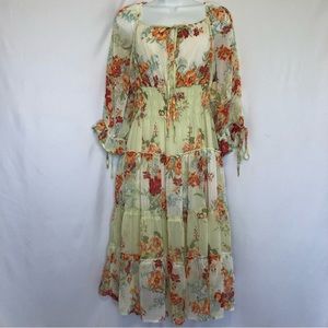 Fig And Flower Green and Cream Floral Print Boho Dress NWT